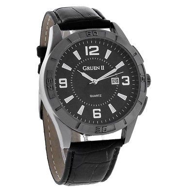 Gruen II Quartz Mens 46mm Black Finish Case Leather Strap Dress Watch