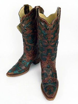 NIB Womens Corral A1016 Brown Cognac and Olive Green Snip Toe Cowboy