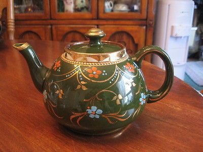 SUPER TEA POT GREEN TRIM W/GOLD AND FLOWERS BURSLEM MADE IN ENGLAND