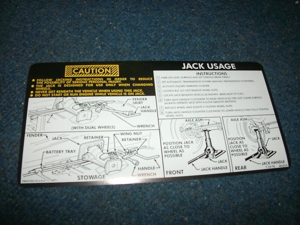 1978 CHEVROLET SUBURBAN / TRUCK 4 WHEEL DRIVE JACK INSTRUCTIONS DECAL