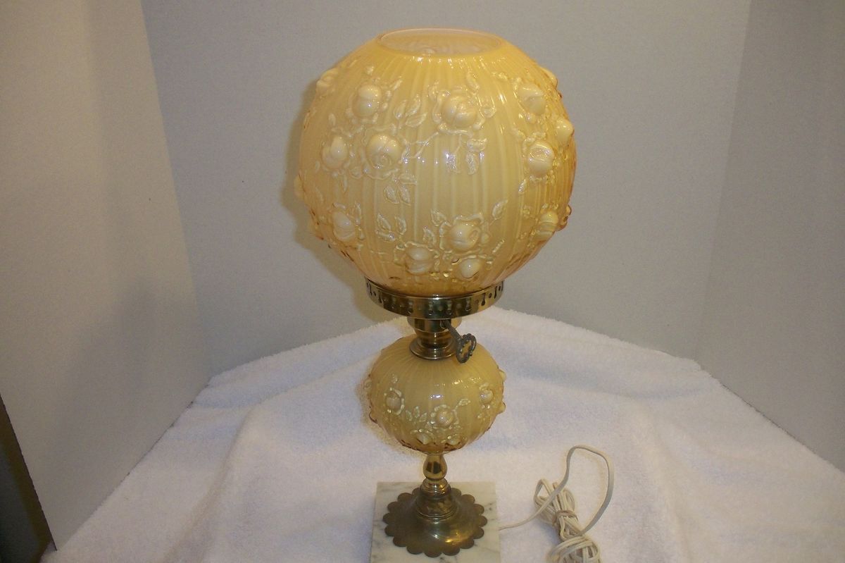 FENTON AMBER OVERLAY RAISED ROSES PARLOR LAMP + 25 % OFF PLUS FREE